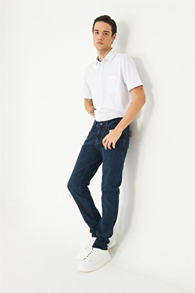 White Stone Dark Blue Straight Cut Casual Jeans