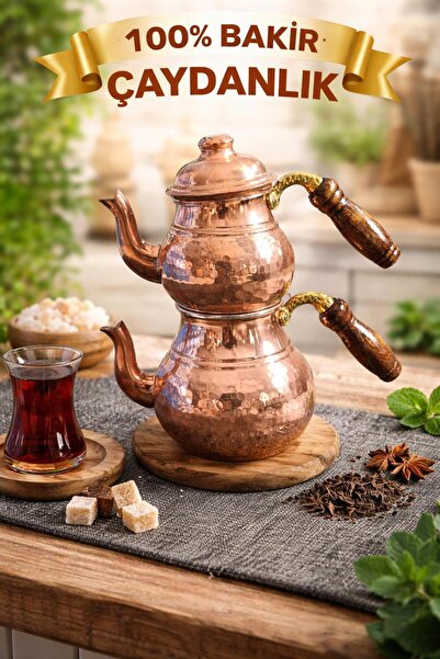 Muhtelif Hand Forged Copper Tea Pot Set 0.5 L 1 L with Wooden Handle