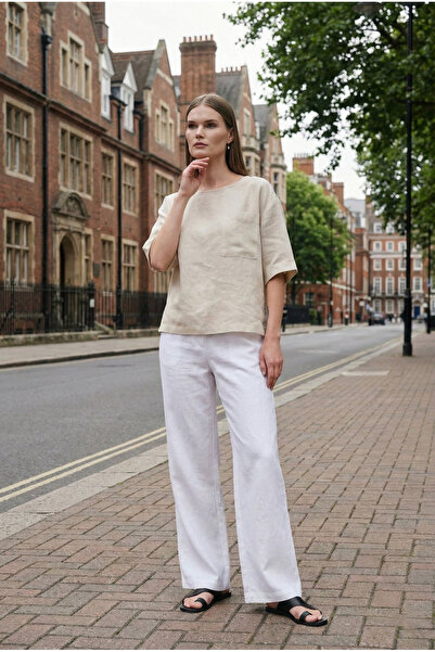 Maule 100% лен, с един джоб, с къс ръкав, дамска блуза @Gizlem