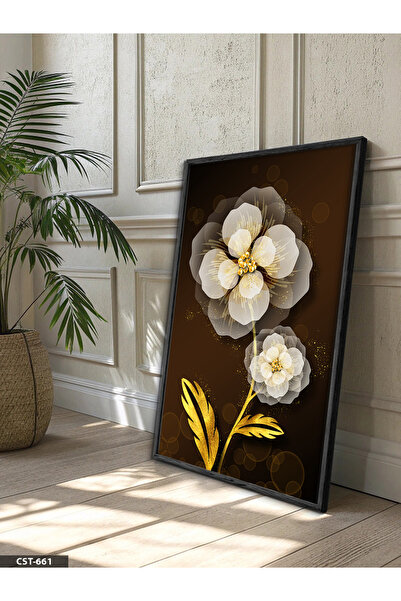 Evinemoda Slika sa zlatnim listićima i belim cvećem, jednodijelna, u crnom dr...