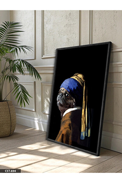 Evinemoda Dog with Pearl Earrings One Piece Black Wooden Framed Painting