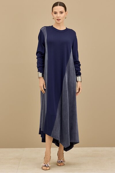 Tığ Triko Kupra Ve Rayon Mixli Elbise LACİVERT