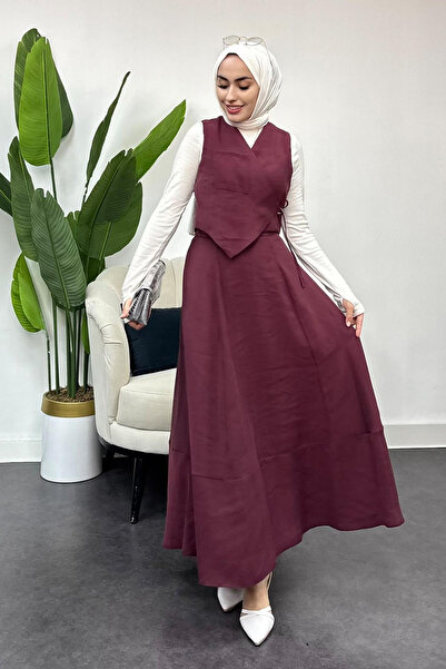 Tesettür Diyarı Tansel Kumaş Efil Efil Yelekli Takım-Mürdüm