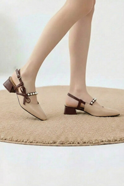 Weynes Pantofi cu toc pentru femei, maro bej, mat, cu fundă și detalii cu măr...