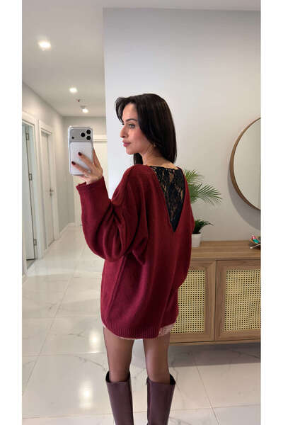 BİRCANÇİL Lesiya Burgundy Knitwear with Lace Detail on the Back