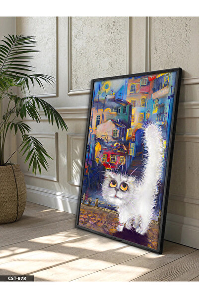 Evinemoda Furry Fluffy White Cat One Piece Black Wooden Framed Painting