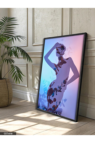 Evinemoda Silueta žene u cvetnom stilu, jednodijelna crna slika u drvenom okviru