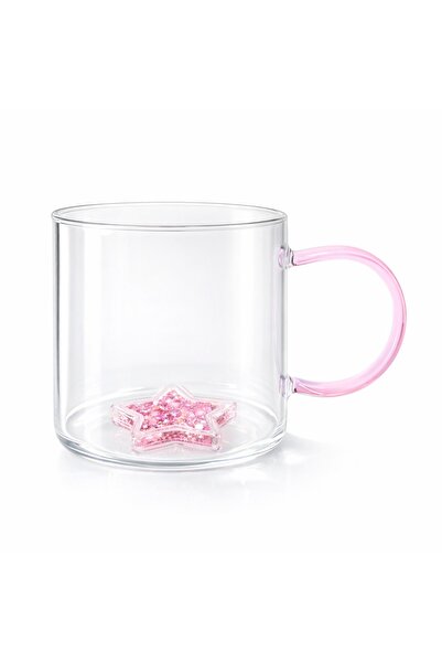 Ginza Mug with 3D pink star, double walls, borosilicate glass and glitter ins...