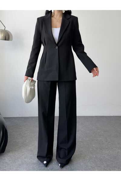 MYGİYİMİSTANBUL Pleated Waist Jacket and Wide-Leg Pants Suit
