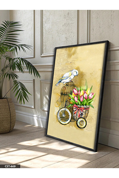 Evinemoda Tulips and Bird One Piece Black Wooden Framed Painting