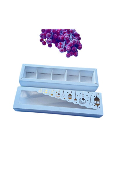 JaNef 5 Bölmeli Ramazan Temalı Gold Yaldız Çikolata Kutusu-Beyaz (10 Adet)