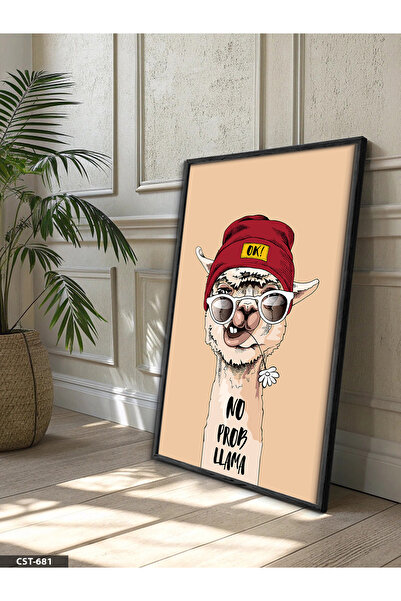 Evinemoda Cool Lama One-Piece Black Wooden Framed Painting