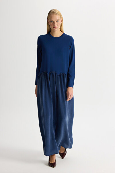 MISS DALIDA Büzgü Detaylı Triko Cupro Elbise Navy