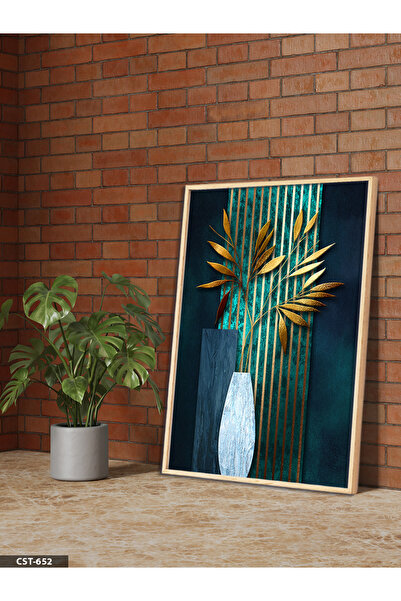 Evinemoda Tablou cu ramă din lemn dintr-o singură bucată cu plantă aurie în vază