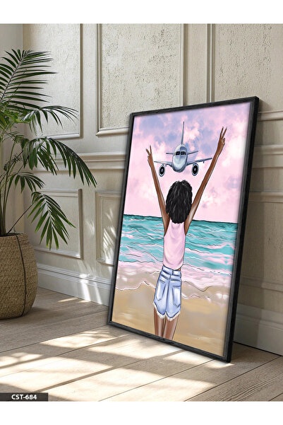 Evinemoda Žena koja pozdravlja avion, jednodijelna crna slika u drvenom okviru