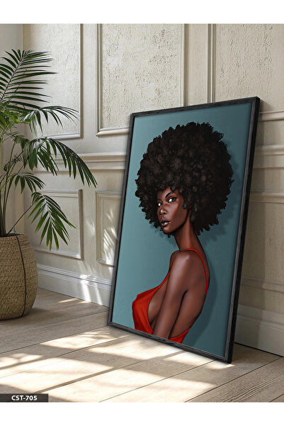 Evinemoda Tablou cu o singură figură feminină cu păr creț, înrămat în lemn negru