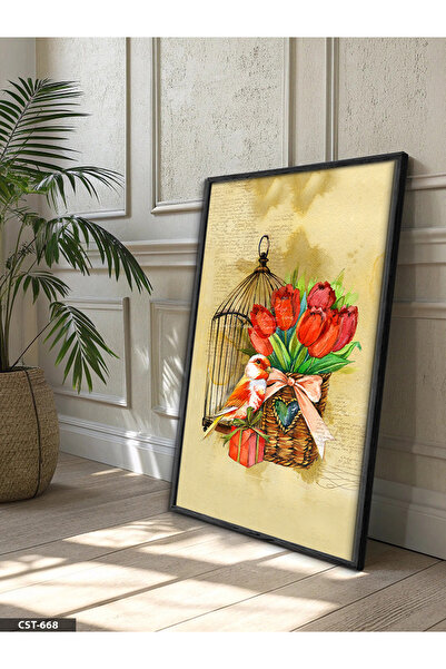 Evinemoda Cușcă pentru păsări și lalele, tablou dintr-o singură bucată cu ram...
