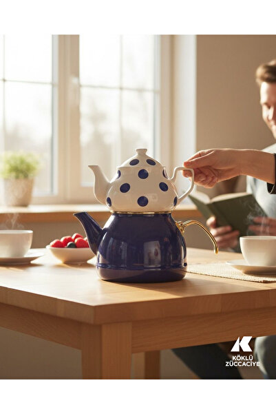 Köklü Züccaciye Porselen Demlikli Emaye Çaydanlık