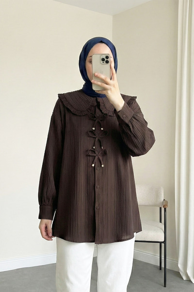 MODAQU Ribbon Detailed Buttoned Baby Collar Shirt Tunic - Brown