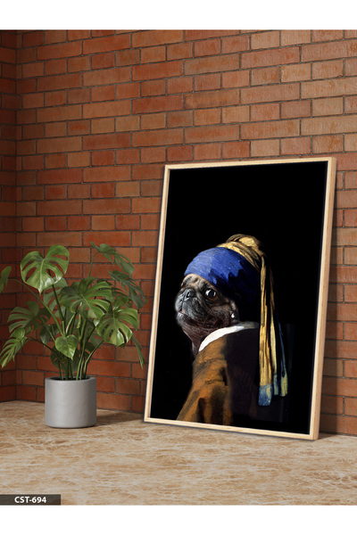 Evinemoda Dog with Pearl Earrings One Piece Wooden Framed Painting