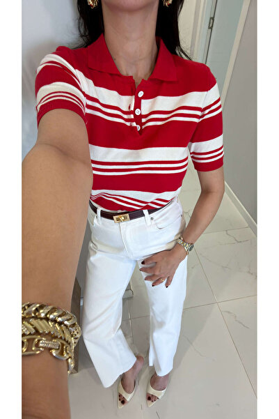 BİRCANÇİL Md Veone Red and White Polo Collar Short Sleeve Knitwear