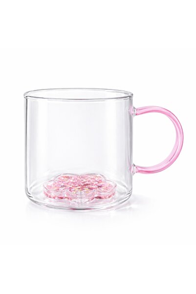 Ginza Mug with 3D pink flower, double walls, borosilicate glass and glitter i...