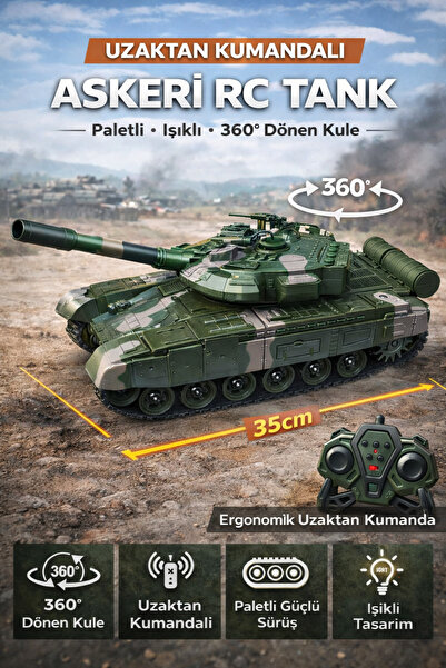 YILDIRIM OYUNCAK Uzaktan Kumandalı Askeri RC Tank 35 cm | Işıklı Paletli 360°...