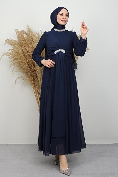 GİYZAMİLA Breathable Stone Tulle Evening Dress Navy Blue