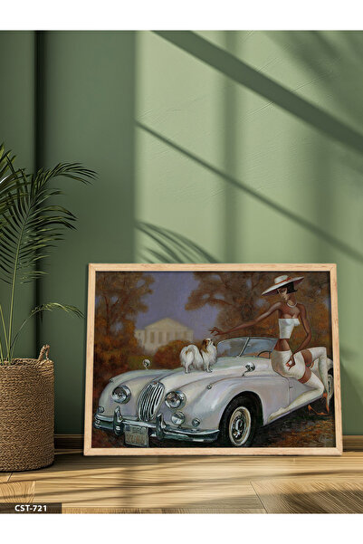 Evinemoda Car, Dog and Woman One-Piece Wooden Framed Painting