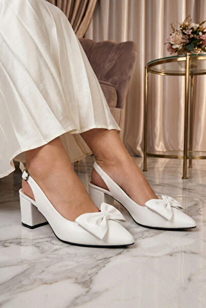 Nubbock Women's White Bow Tie 5 cm Heeled Shoes Nk3138