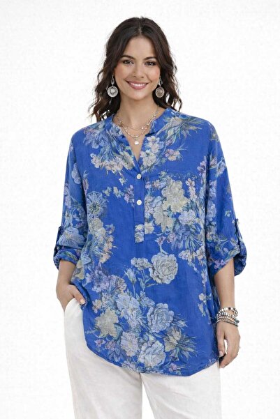 CES.İZ İtalyan İthal %100 Pamuk Çiçek Desenli Kadın Bluz, 3/4 Kol, Mevsimlik,...