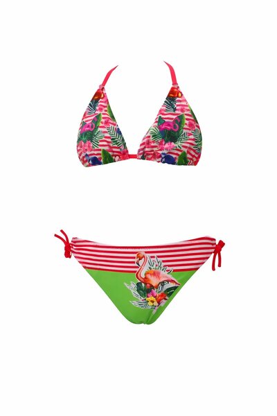 hazelin Set bikini triunghiular pentru fete, roz, verde, cu model flamingo, 6...