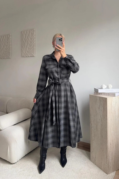 MOZENA Plaid Patterned Belted Long Shirt Dress