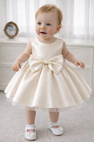 SUNEH Kız Bebek Ekru Fiyonk Detaylı Doğum Günü , Özel Gün Elbise