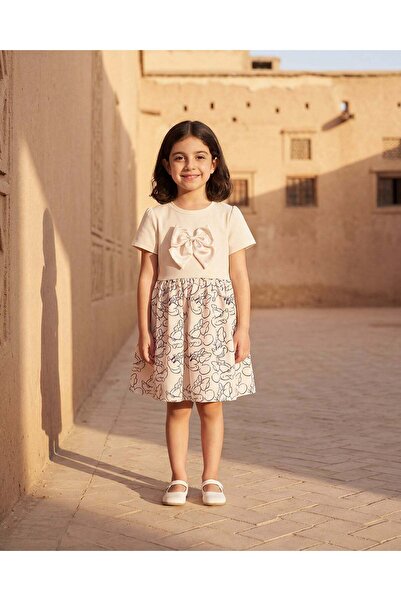 REDTAG Girls Cream Minnie Mouse AOP Dress with Bow