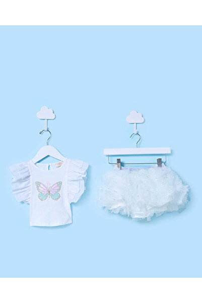 REDTAG Infant Girls White Butterfly Sequined Top With Skirt (2 Piece)