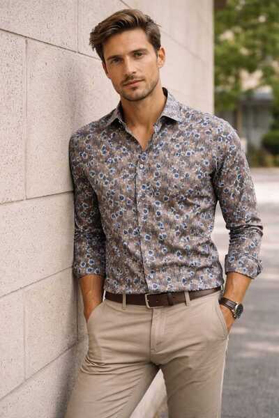 Louis Fabel Colorful Floral Patterned Long Sleeve Men's Shirt