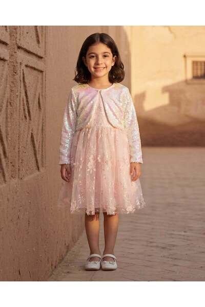 REDTAG فستان بناتي وردي ثلاثي الأبعاد مزين بالزهور مع بوليرو مرصع بالترتر