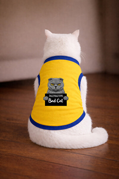 petite pati تي شيرت أصفر اللون مطبوع عليه قطعة نسيج سكوتش للقطط مقاس XS (100%...