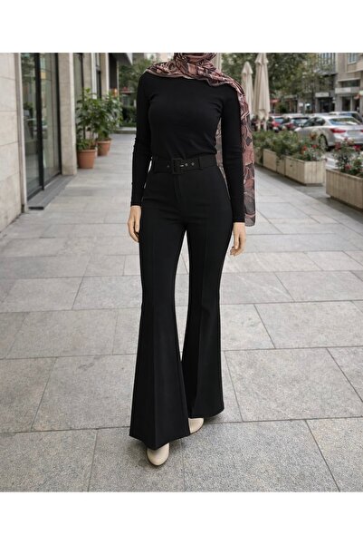 DİLEKBUTİK Kemerli fermuarlı ispanyol paça kadın pantolon