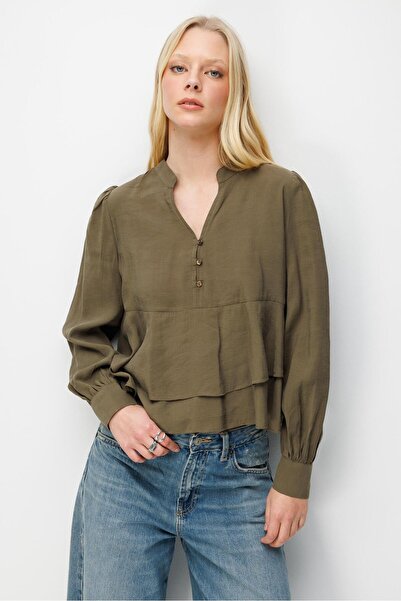 Mixray 4812 Women's Ruffled V-Neck Blouse Khaki