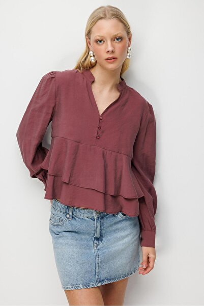 Mixray 4812 Women's Ruffled V-Neck Blouse Plum
