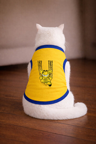 petite pati تيشيرت أصفر اللون مطبوع عليه قطة من Garf1 مقاس S (100% قطن ممشط)