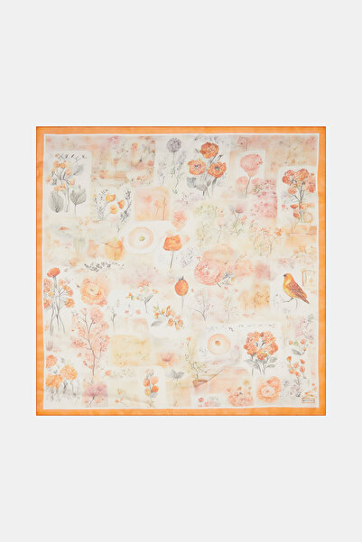 Vakko TURUNCU ÇİÇEK DESENLİ ETAMİN VUAL EŞARP