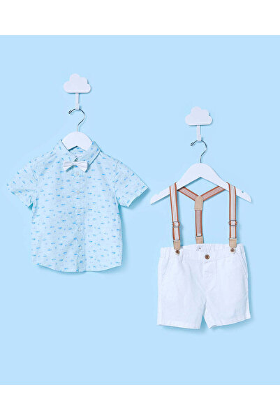 REDTAG Infant Boys White And Blue Shirt With Tie And Bow Set (3 Piece)