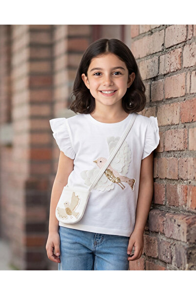 REDTAG تيشيرت بناتي من قماش جيرسي سلوب أبيض اللون مزين برسومات طيور