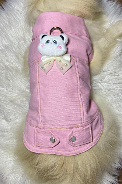 Pembe Kot Köpek Ceket - Tasma Halkalı - Pamuklu Denim Köpek Kıyafeti