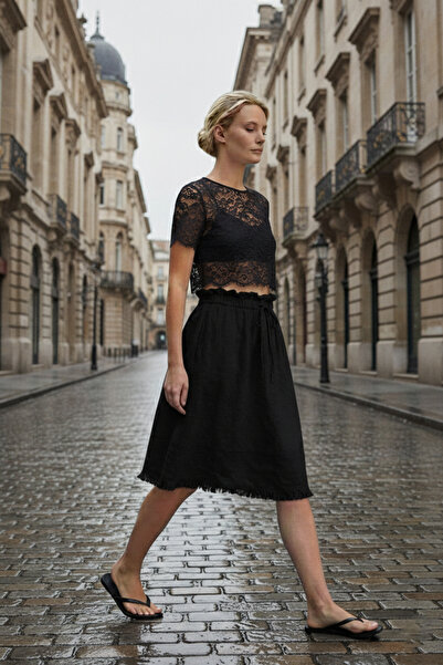 Maule Ленена пола с дължина до коляното и подгънат подгъв от Lyocell за жени ...