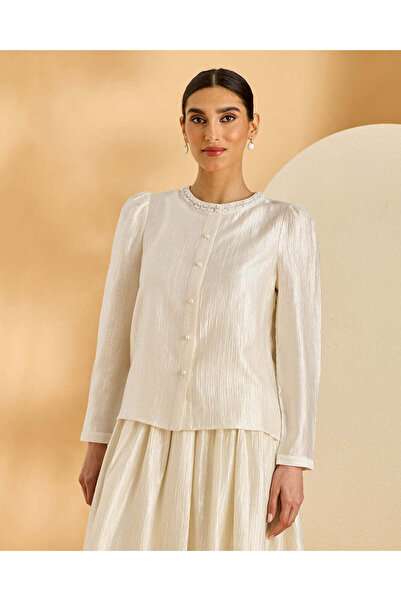 REDTAG Women White Pearl Trim Blouse