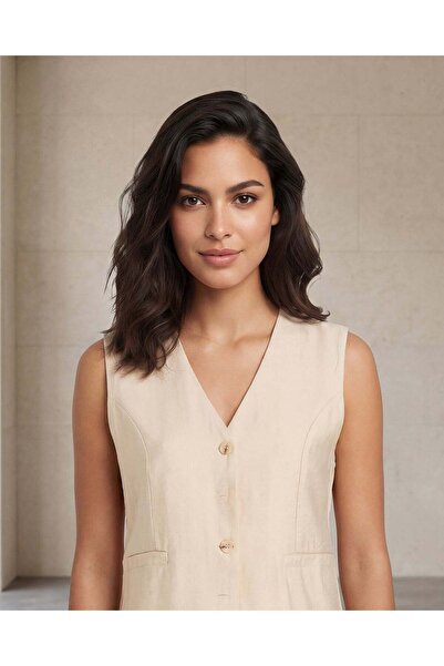 REDTAG Women Beige Sleeveless Button-Front Top